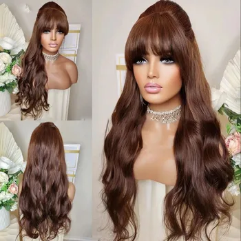 Длинные волнистые шоколадно-коричневые прозрачные парики из синтетических волос на кружеве Объемная волна с челкой Парики с бахромой на кружеве